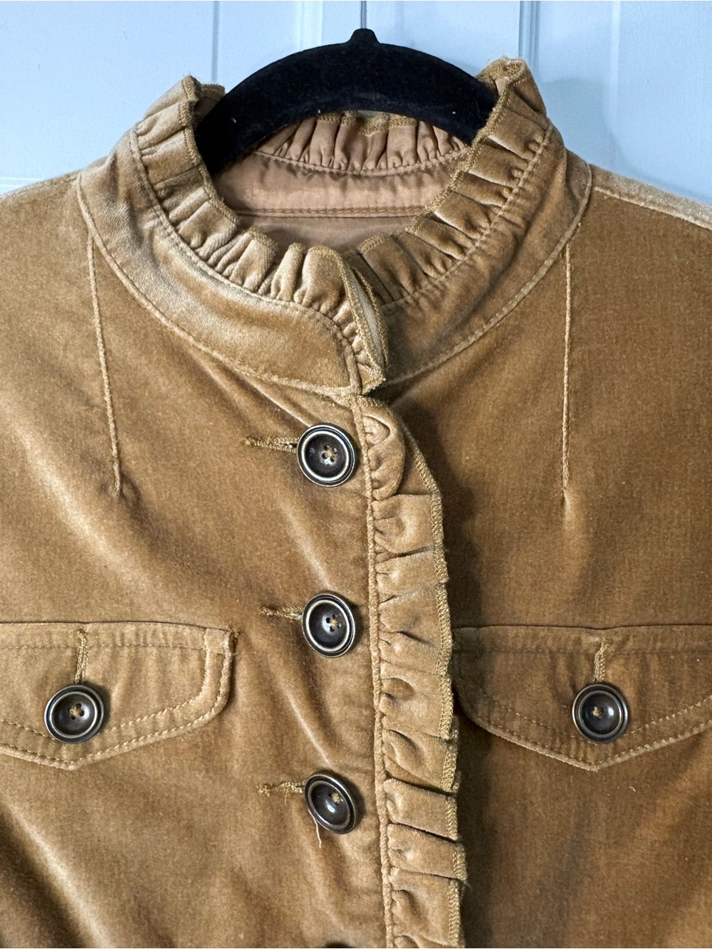 Tyler Boe Ruffle-Trim Velvet Jacket in Camel - Picture 2 of 6